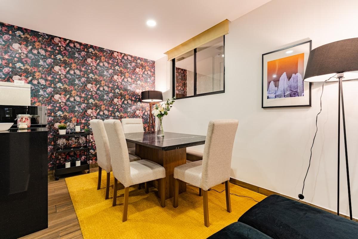 Elegant and airy dining space, great for meals or gatherings