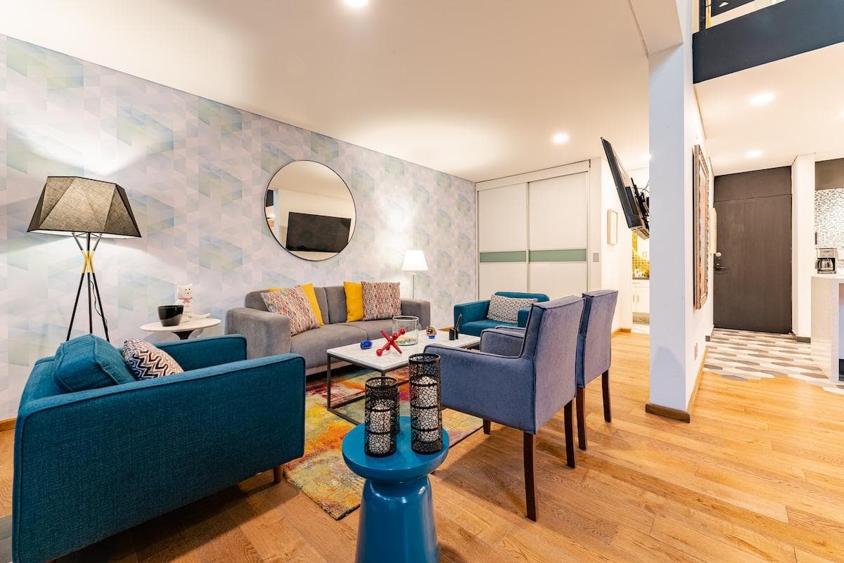 Stylish living space featuring unique decor and natural light.