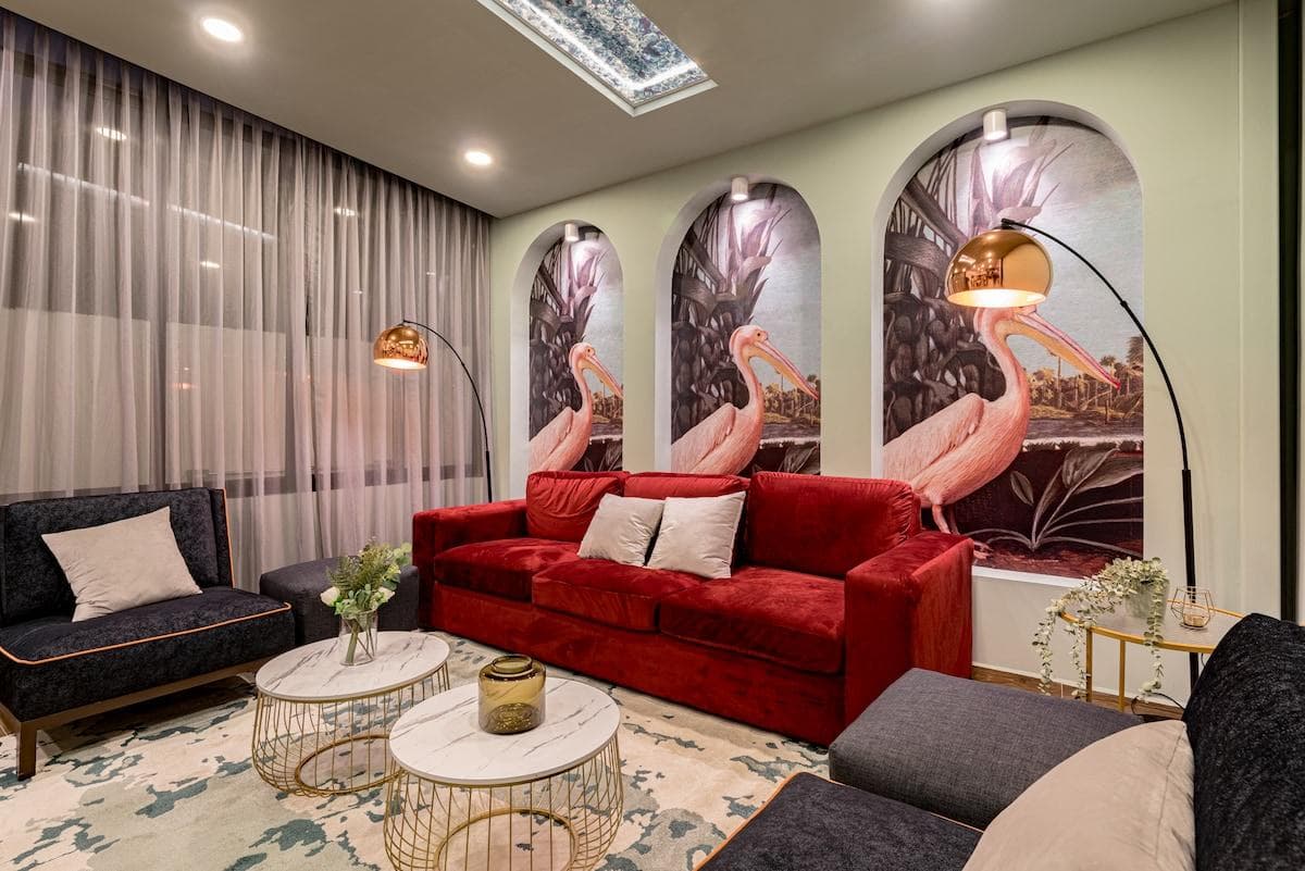 Unwind in our modern living area; comfy seating awaits.